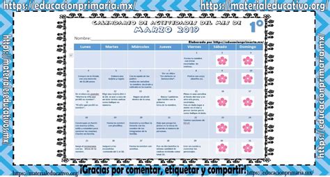 Calendario De Actividades Para El Mes Marzo 2019 De Primer Y Segundo Grado De Primaria