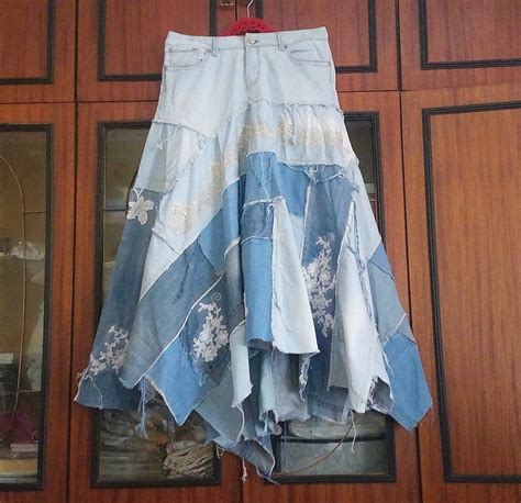 Long Upcycled Denim And Lace Patchwork Boho Skirt Hippie Etsy