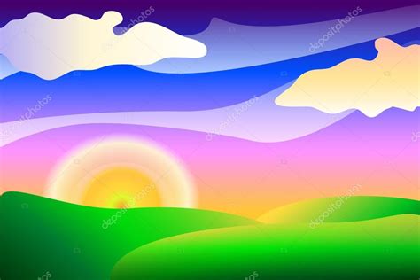 Images: sunset cartoon | Colorful cartoon sunset landscape vector background — Stock Vector ...