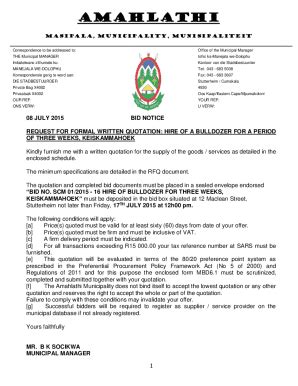 Fillable Online Amahlathi Gov REQUEST FOR FORMAL WRITTEN QUOTATION HIRE