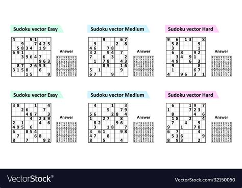 Set Sudoku Game With Answers Different Complexity Vector Image