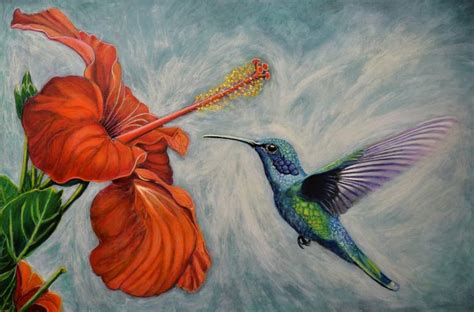 Hummingbird With Hibiscus Flower Oil Paintings