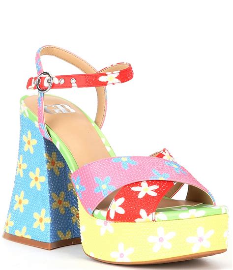 Gb Ulti Mate Floral Rainbow Rhinestone Ankle Strap Platform Sandals