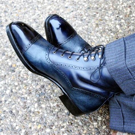 Stylish Mens Handmade Blue Ankle High Rounded Cap Toe Leather Lace Up