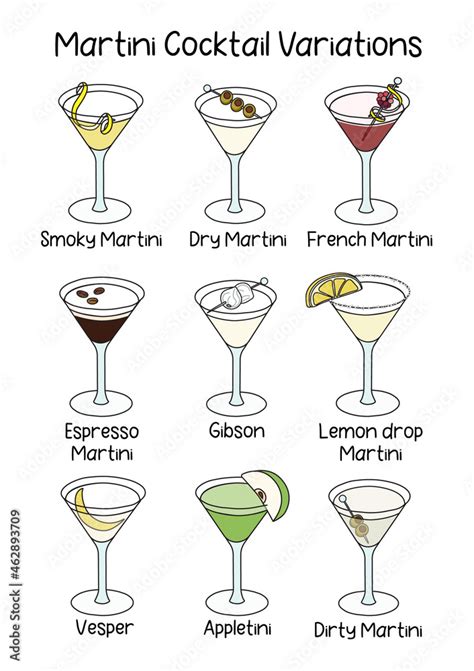 Collection set of classic martini cocktail variations such as Vesper ...