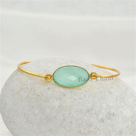 Aqua Chalcedon Armreif Sterling Silber Edelstein Armband 12x20mm Oval