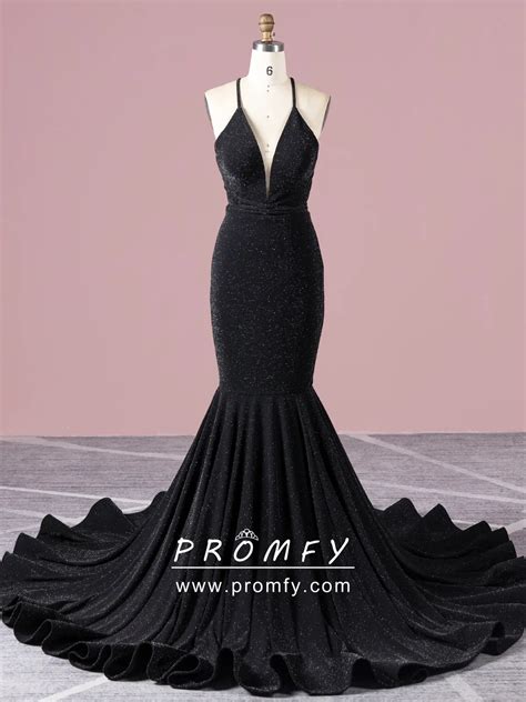 Promfy Black Glitter Spandex Long Train Mermaid Prom Dress