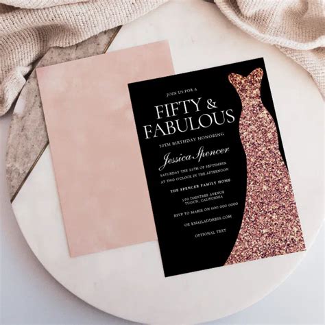 Rose Gold Sparkle Dress Black 50th Birthday Party Invitation Zazzle