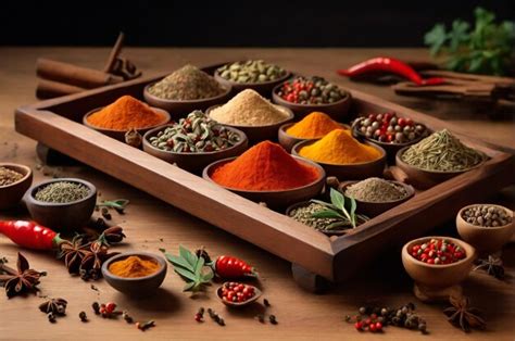 Premium Photo | Spice ingredients are displayed on the wooden tray