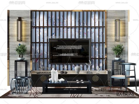 新中式金属栅栏电视背景墙免费3d模型 免费3dmax模型库 欧模网