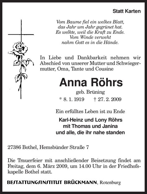 Traueranzeigen Von Anna R Hrs Trauer Kreiszeitung De