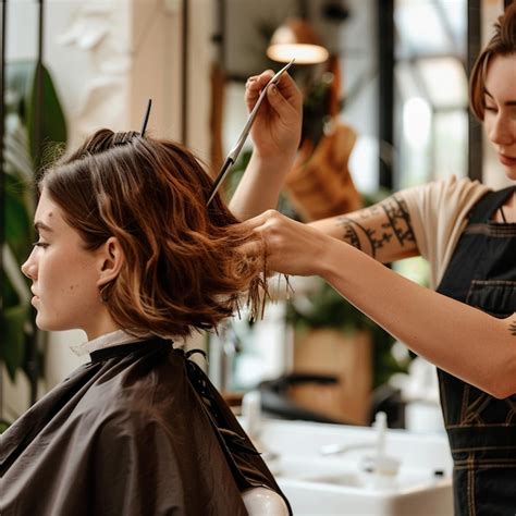 A Woman Is Getting Her Hair Done By A Hairdresser Premium AI