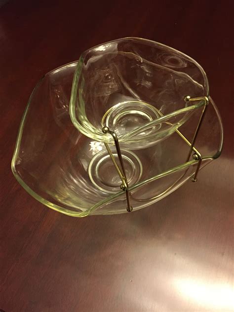 Vintage Glass Chip And Dip Set Clear Glass Party Bowls Indiana Glass Modern Tri Corner Design