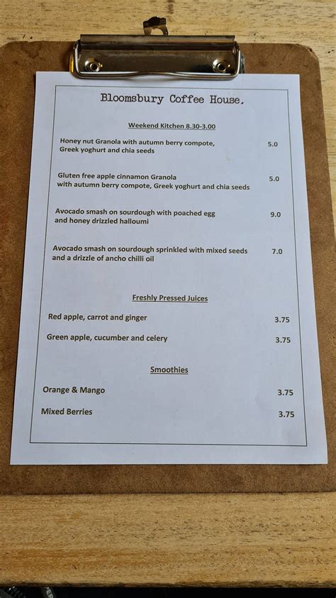 Menu At Bloomsbury Coffee House London