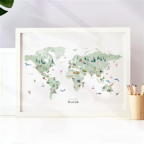 Illustrated World Map Printable Wall Art Print Nursery Etsy