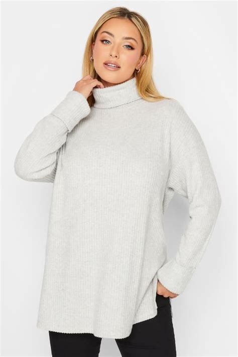 Plus Size Light Grey Soft Touch Ribbed Turtle Neck Top Yours Clothing