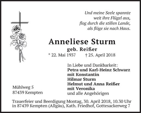 Traueranzeigen Von Anneliese Sturm Trauer Merkur De