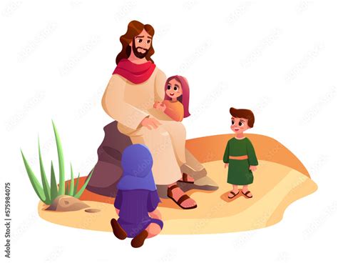 Jesus Christ with Children Outdoor. Bible stories. Vector Illustration ...