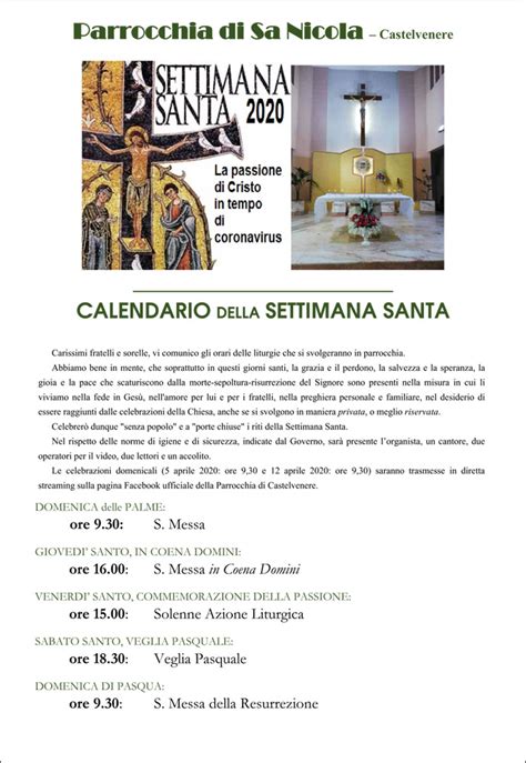 CALENDARIO DELLA SETTIMANA SANTA Parrocchia San Nicola Castelvenere