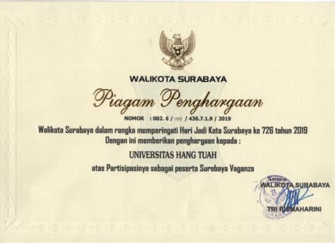 Reward Walikota Surabaya Untuk UHT Universitas Hang Tuah