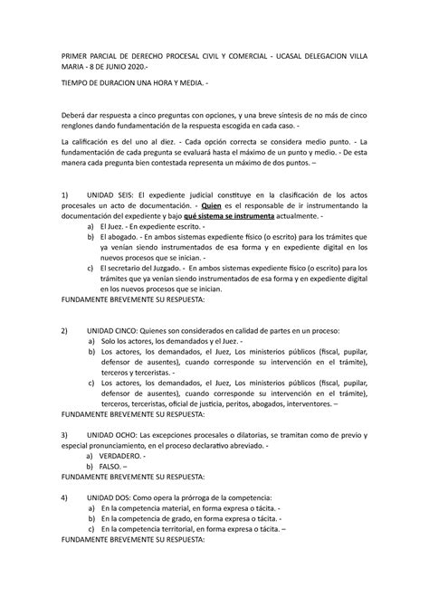 Parcial D Procesal Civil 100620 Primer Parcial De Derecho Procesal