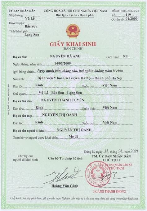 Authenticate Vietnamese Birth Certificate Vietnam