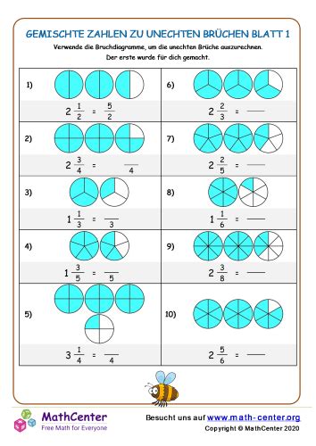 Gemischte Zahlen Zu Unechten Brüchen Blatt 1 Arbeitsblätter Math Center