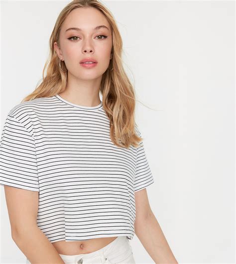 Buy Trendyol Striped Pack Of Crop Knitted T Shirt In Black