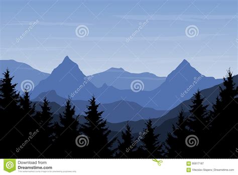 Panorama Van Berglandschap Met Onder Bos En Heuvel Vector Illustratie