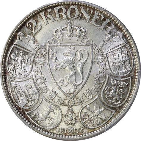 Roschberg Mynthandel NORWAY Haakon VII 2 Kroner 1908 PCGS MS63