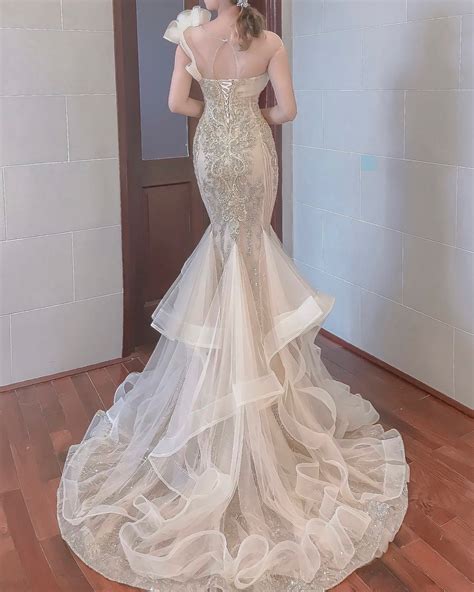 Gold Beaded Bodice Trumpet Wedding Evening Dress With Glitter Tulle