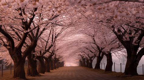 An Alleyway That Is Full Of Pink Cherry Trees Background Cherry