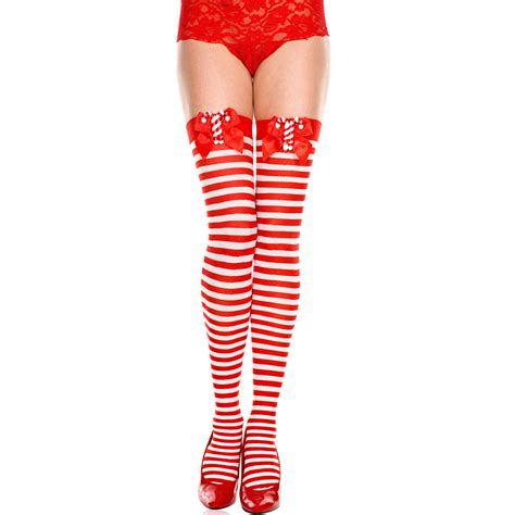 Music Legs Candy Cane Striped Bow Thigh High Stockings Sexyland