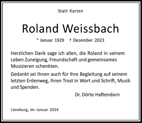 Traueranzeigen von Roland Weissbach Trauer Lüneburg de