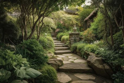 Serene Garden With Lush Foliage And Stone Pathways Twisting Through The