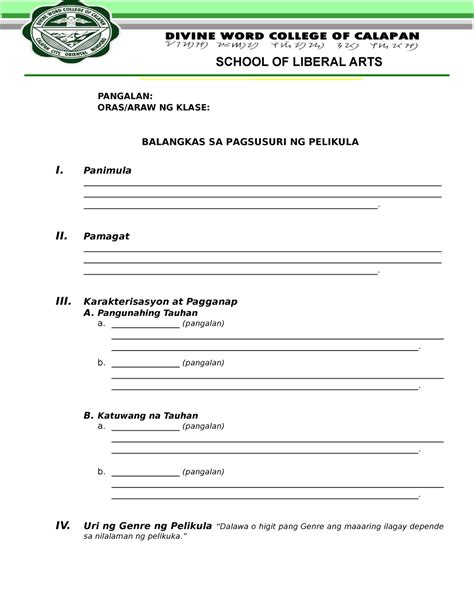 G Pagsusuri Ng Pelikula Pangalan School Of Liberal Arts Pangalan