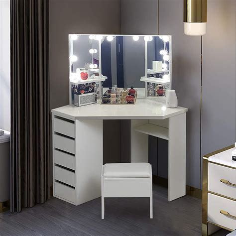 Corner 5 Drawer Mirrored LED Dressing Table With Stool