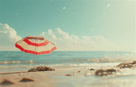 A Beach Scene With A Red And White Striped Umbrella Stock Photo Image