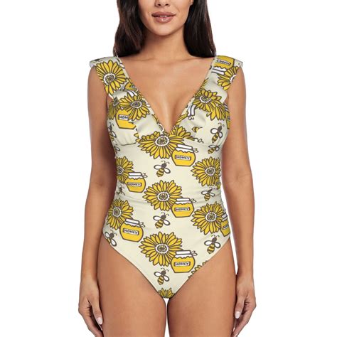 Bingfone Cartoon Honey Pot Bee Sunflower Print Women Ruffle One Piece