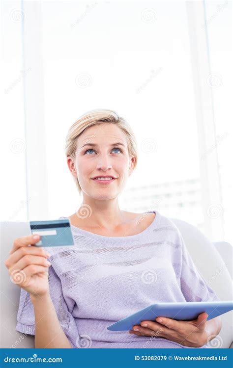 Pretty Blonde Woman Doing Online Shopping Stock Image Image Of Adult