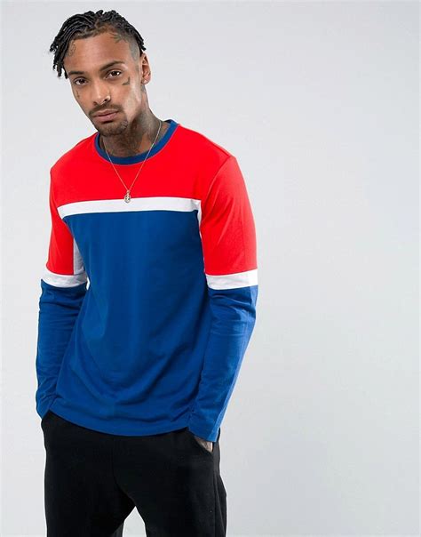 ASOS Long Sleeve T Shirt With Tri Color Blocking In Blue Blue Fila