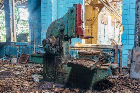 Old Industrial Machine Tools In Workshop Rusty Metal Equipment In