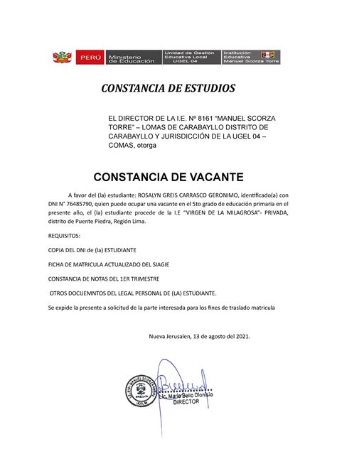 Constancia De Vacante Apuntes Constancia De Estudios El Director The