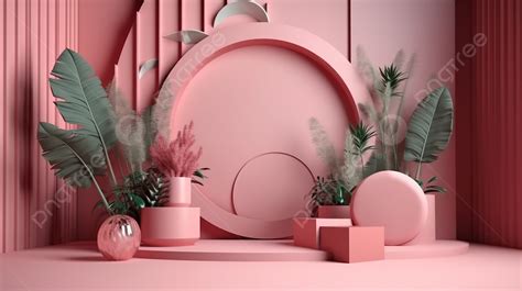 Aesthetic Pink Geometric Background Scene With Podium And Plants For