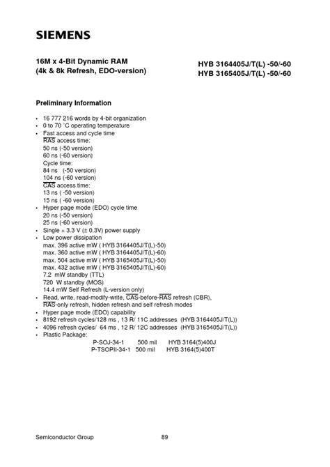 Hyb3164405t 50 Datasheet 16m X 4 Bit Dynamic Ram