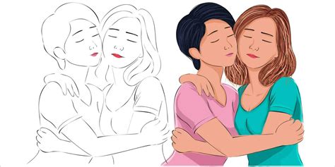 Asian European Lesbian Couple Flat Design Illustration Portrait Of Two Beautiful Girls In An