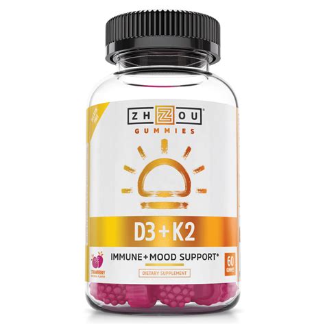 Zhou Nutrition Vitamin D3 K2 Gummies Bone And Heart Health Formula Immune Support Veggie Gummies