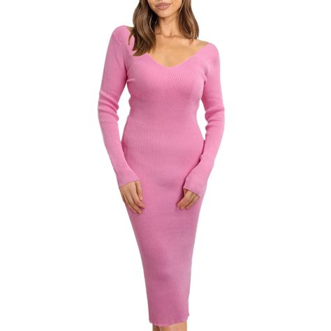 Szxzygs Party Dresses Womens Summer V Neck Knit Midi Dress Bodycon Long