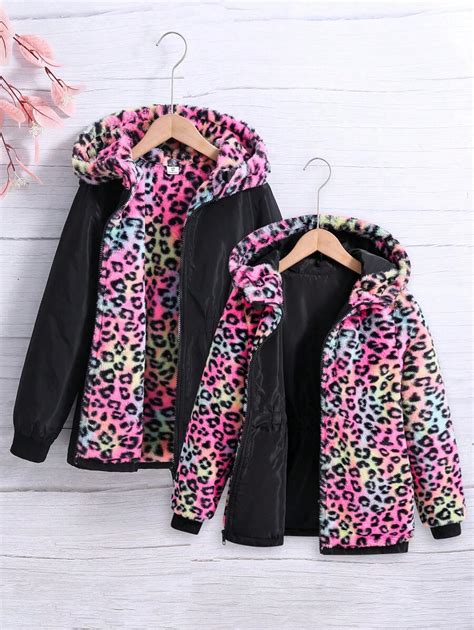 Shein Tween Girl Pc Leopard Print Hooded Thermal Lined Reversible Coat