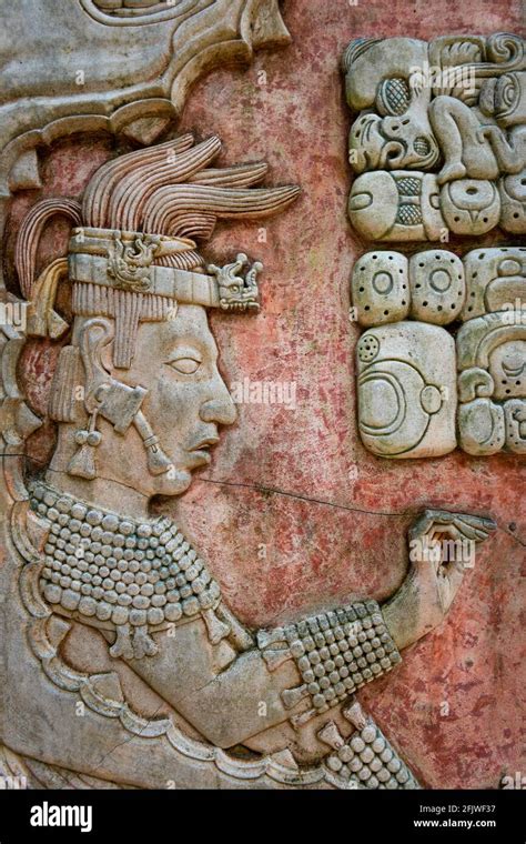 Detail Of A Bas Relief Carving In The Ancient Mayan City Of Palenque Chiapas Mexico Stock